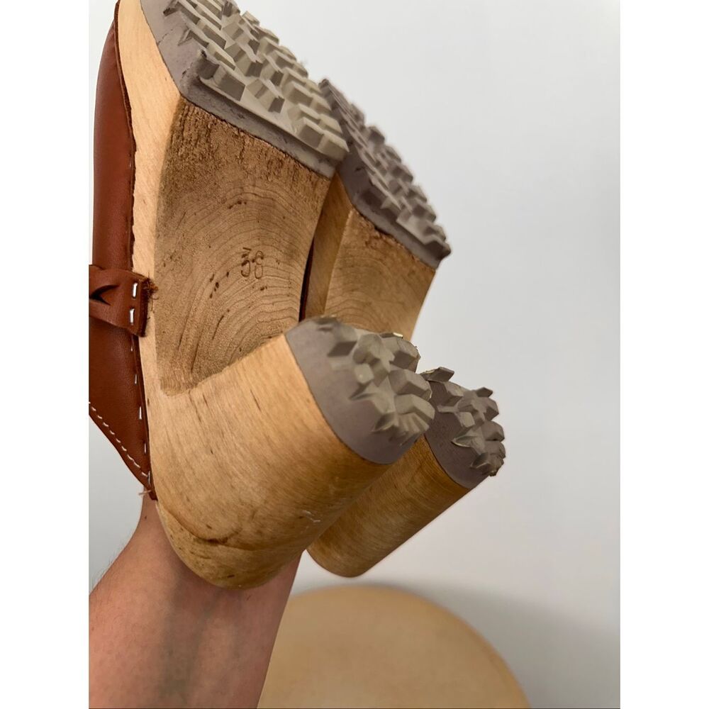 MIA Women’s Elsa Luggage Brown Leather Braid Swedish Heeled Clogs - Picture 8 of 14